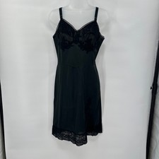 Vintage Black Lace Slip Dress Nylon Nightgown Coquette Goth Lingerie 34 
