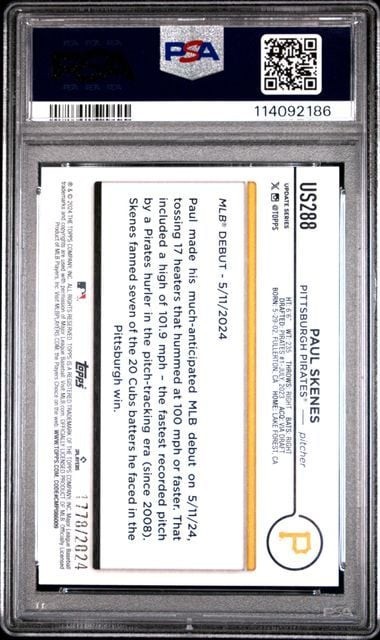 Graded 2024 Topps Update Paul Skenes #US288 Gold /2024 Rookie RC PSA 10 view 2