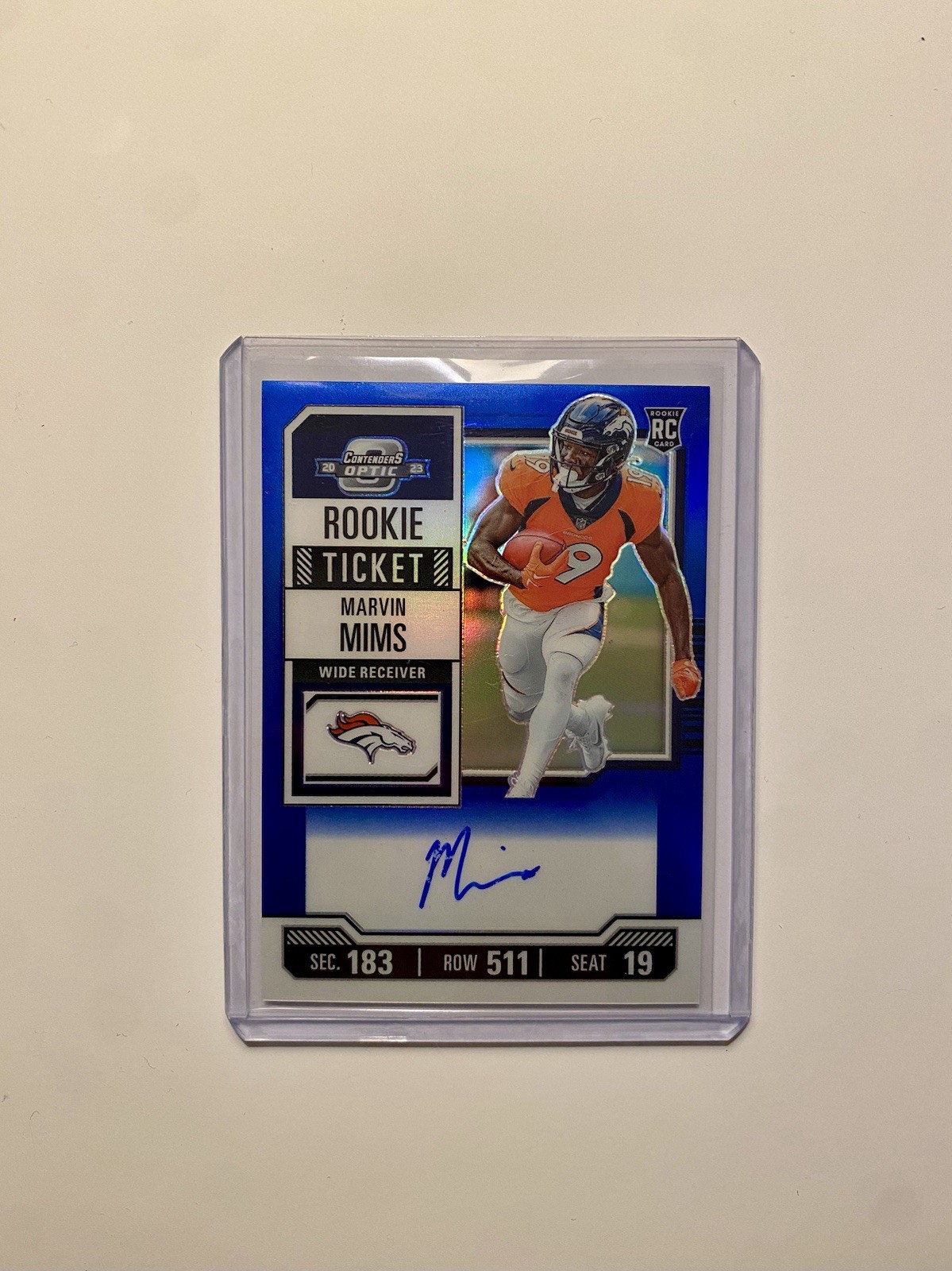 2023 Panini Contenders Optic #124 Marvin Mims Rookie Auto Blue /75 Denver