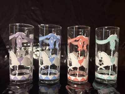 4 CAROUSEL Glasses PONY HORSE Vintage Pastel TUMBLERS Pink Purple Blue Green