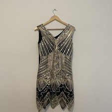 Women's Black & Silver Sequin Geo Mesh Lined V-Neck Mini Dress Zip Size L