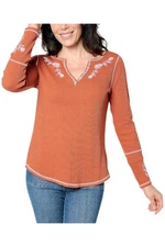 Belle by Kim Gravel Women's Waffle Jacobean Floral Embroider Top Rust