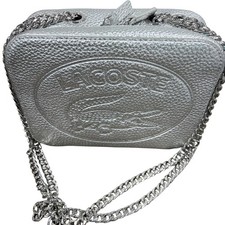 LACOSTE Croco Crew Silver Leather Bag with 2-way Chain Strap NF3245NJ EUC