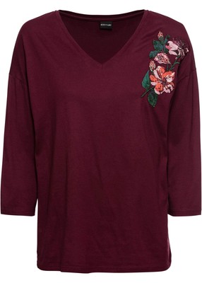 Shirt mit Blütenapplikation Gr. 40/42 Bordeaux Damenshirt Top Bluse Tunika Neu