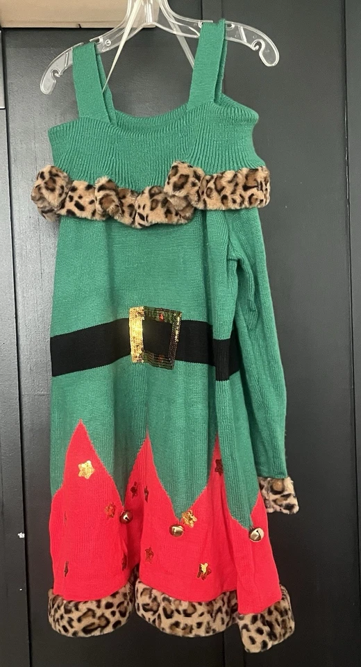 Vestido Holiday Time Elf con ribete de leopardo y campanas. Talla XL 16W-18W Foto 3 de 4