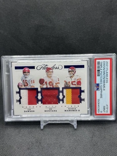 2021 Panini Flawless Patrick Mahomes/Montana/Dawson Triple Patch /10 PSA 9