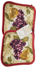 Set of 2 Same Kitchen Pot Holders, 7"x7", 2 FRUITS: GRAPES & PEAR, red back, CV