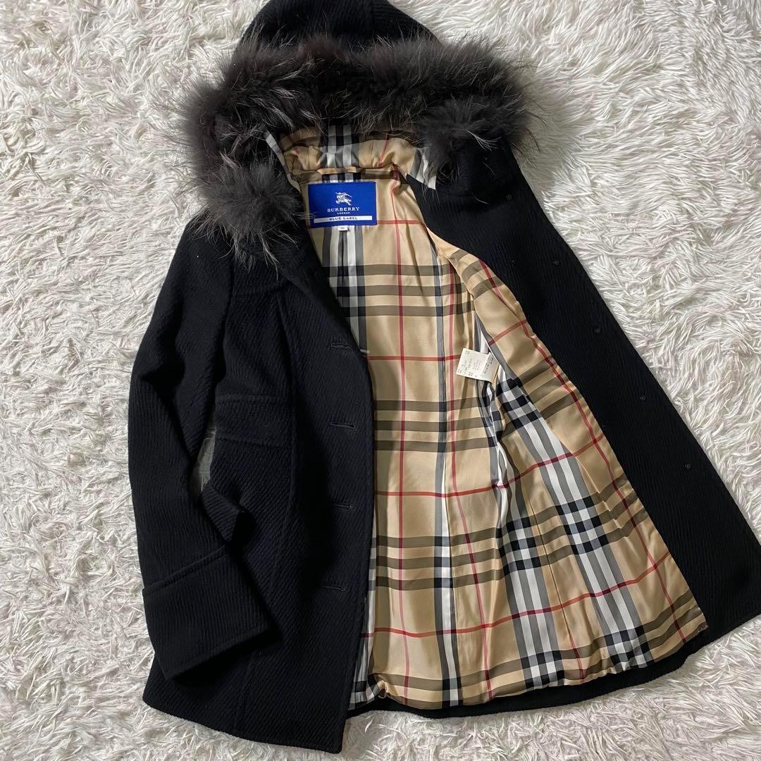 Burberry Blue Label Long Coat in Nova Check with Angora Fur Blend