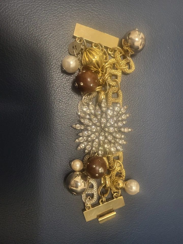 Magnífico brazalete vintage dorado con cuentas con diamantes de imitación 7" Foto 2 de 4