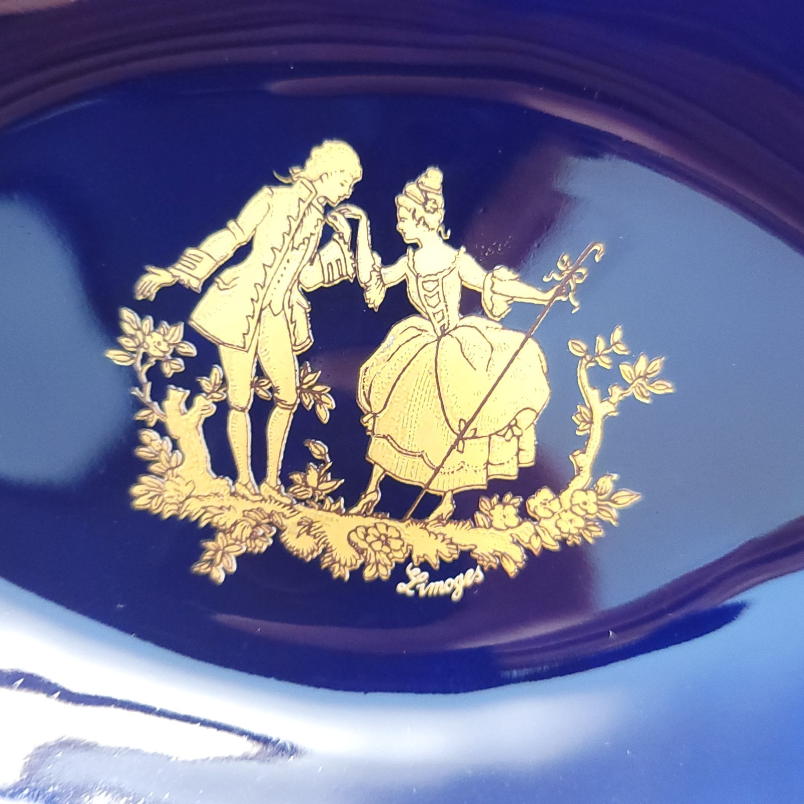 Limoges France Trinket Tray Cobalt Blue Courting Couple Gold Gilt Vintage Dish