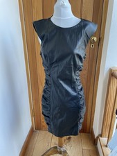 Zara Pu Vegan Leather Black fake leather Rouche Dress xs m l shoulder pads new