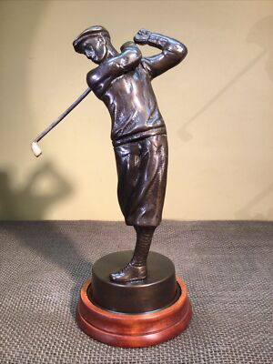 Antique Rare Bronze Statue Golfer Head Down After Swing, Knickers, Wood Base 10 