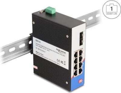 Delock Industrial Gigabit Ethernet Switch 8 Port RJ45 2 Port SFP für Schiene