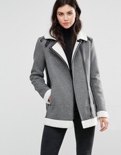 New Glamorous Grey Shearling Aviator Flight Fleece Collar Jacket Coat Look Uk 10