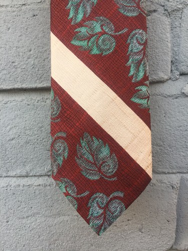 Lilly Dache Tie Copper/Red Creme Striped with Turquoise Leaves L56" W4-1/8" - Picture 2 of 5