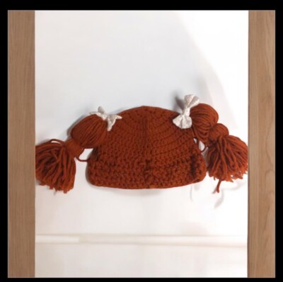 Handmade Girls Knit Hat Red Ponytails Ribbons Hair Bows Little Orphan Annie