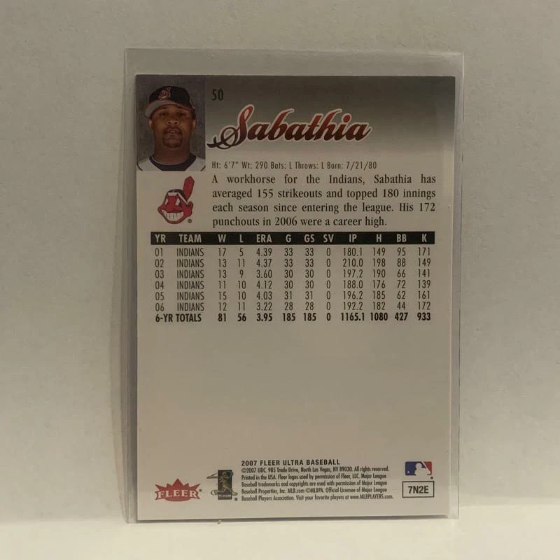 #50 C.C. Sabathia  Cleveland Indians 2007 Fleer Ultra Baseball Card HZ - Image 2 of 2