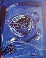 BLUE COFFEE  PAINTING SIGNED Abstract Modern CANVAS Original    234FTthRH5