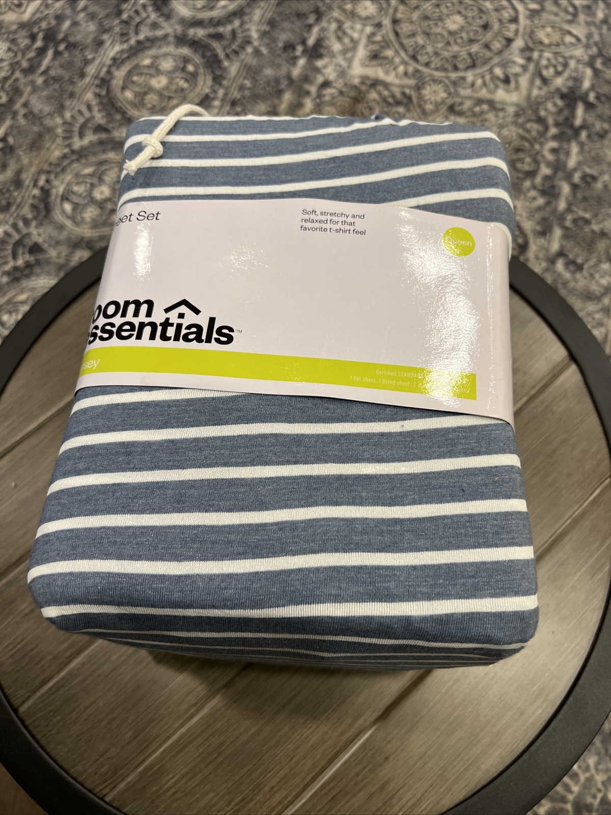 Room Essentials Printed Jersey Sheet Set, Queen, Blue/white Stripe eBay