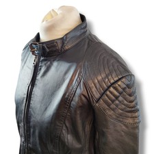 Elle Womens Biker Jacket Black Size 14 Genuine Leather Zip Up Zip Pockets