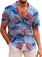 Hawaiian Shirt Mens Button Down Coconut Tree Print Beach Vacation Cruise Party