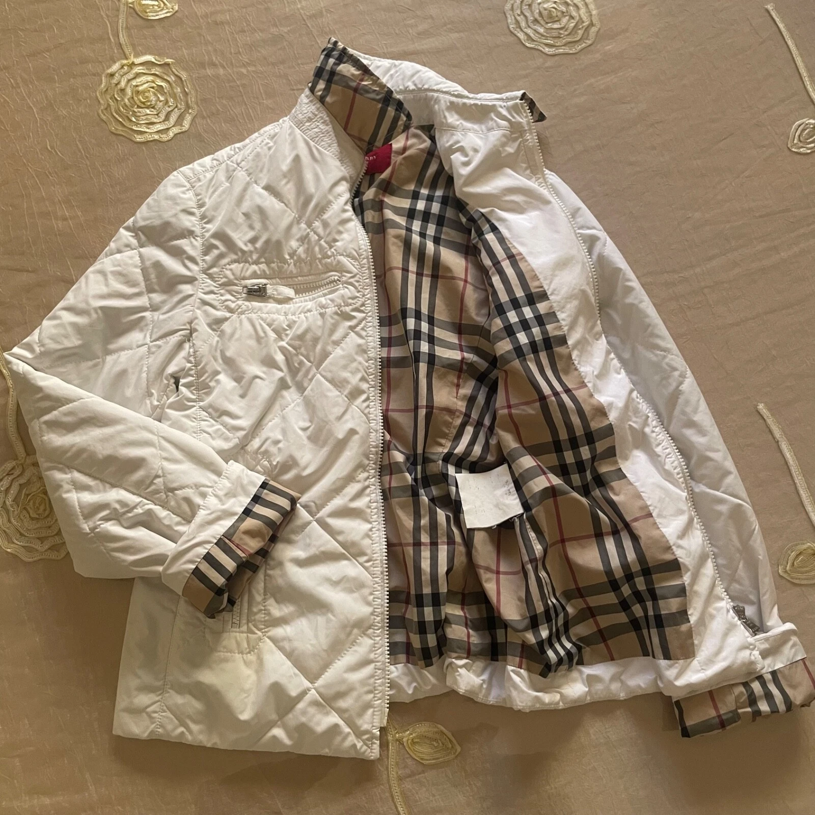 Burberry London Cappotto Trapuntato Giacca Nova Check Diamond Donna Bianco Taglia S