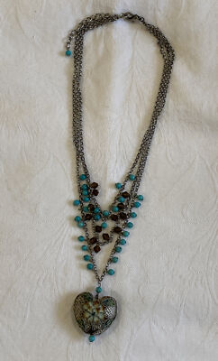 M. Haskell Turquoise,Topaz￼ & Cloisonné Heart Triple Necklace. Multi Strand