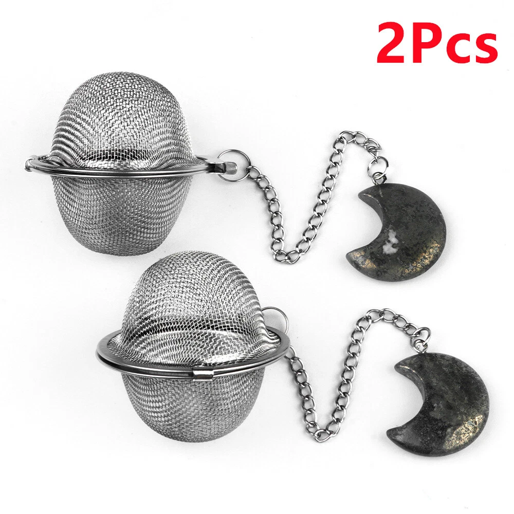 2Pcs Natural Pyrite Moon Stainless Steel Tea Ball Strainer Infuser Filter HT2324
