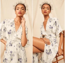 Reformation Winslow Chiffon Maxi Wrap Dress Macadamia XS White Blue Floral Tulip