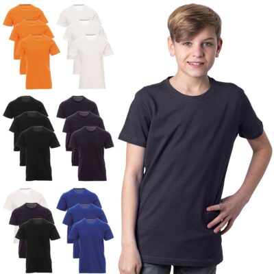 Jungen 3er Pack T-Shirt Basic Kurzarmshirt Mädchen Rundhals Einfarbig Baumwolle