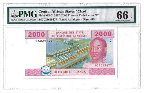 66EPQ PMG 2000 Francs 2002 Chad Banknote # 608c