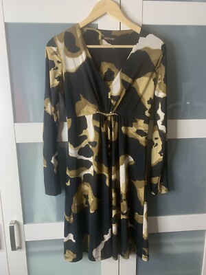 Roberto Cavalli Class Womens M Brown Gold Abstract Print Jersey Dress Stretch