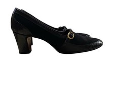Vintage 1960s Johansen Black Sz 9 Faux Lizard Trim Pumps Shoes Heels