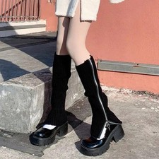 Leg Warmers Women Zippered Black Rib Knit Punk Goth Boots Winter
