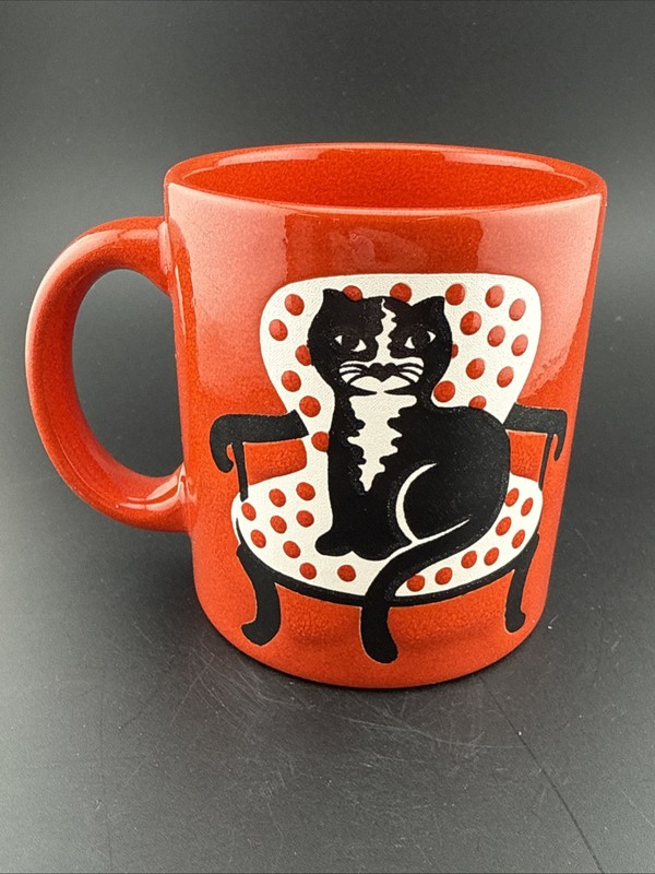 Vintage Waechtersbach W Germany Red Black Cat Mug Polka Dot Chair