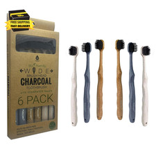 Wide Brush Head Charcoal Toothbrush with Eco-Friendly Cedarwood Handle, 6-Pack  