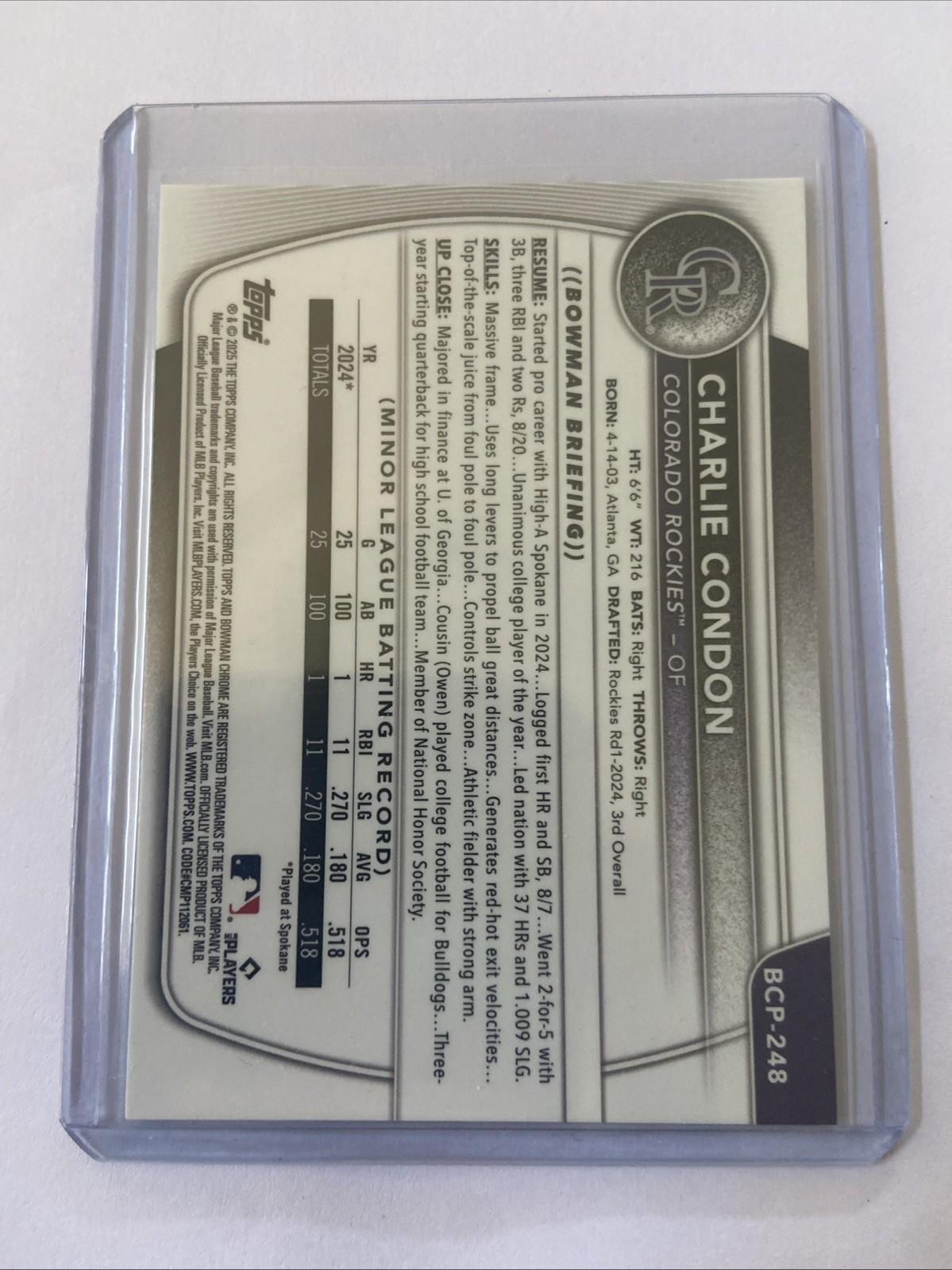 2025 Bowman Chrome Prospects Charlie Condon, #BCP-248 Aqua Refractor /125 (RC) view 2