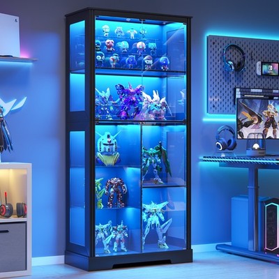 Gurexl Display Cabinet with Glass Doors, 7-Tier LED Collectibles Curio Cabinet
