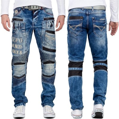 Cipo & Baxx Slim-Fit Mens Jeans Biker Cargo Splatter Ribbed Design Blue 5-Pocket