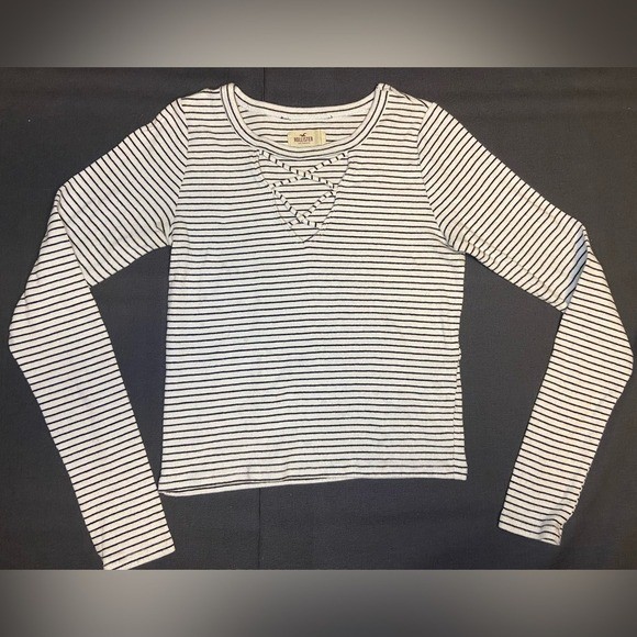Hollister Women Ribbed Lace Up Front Long Sleeve Striped Top Small Black White