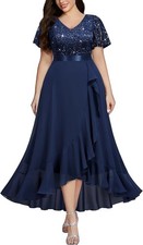 Women's V Neck Sequin Lace Butterfly Sleeves Formal Evening Party Long Dresses