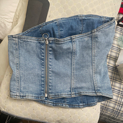 Women s Blue Denim Strapless Corset Top, Solid Opaque, Zip Front, Size M
