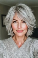 Human Hair New Fashion Layered Long Natural Silver Gray Wavy Women's Wigs 12in
