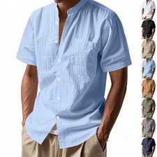 Men's Linen Blend Stand Collar Short Sleeve Shirt Casual Summer Beach Top