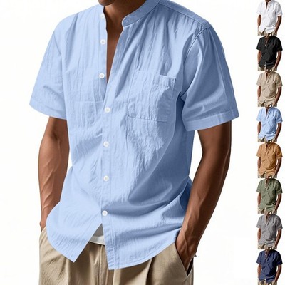 Men's Linen Blend Stand Collar Short Sleeve Shirt Casual Summer Beach Top