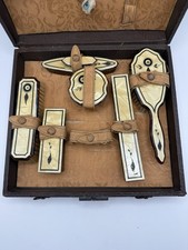 Vintage 1930s Celluloid Vanity Brush Mirror Set in Original Case Art Deco Style