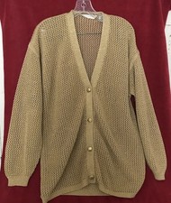 WOMEN'S VINTAGE BRETT HARRISON GOLD OPEN KNIT CARDIGAN SHELL BUTTONS L
