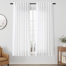 White Living Room Linen Textured Curtains 63 Inch Length 2 Panels Back Tab