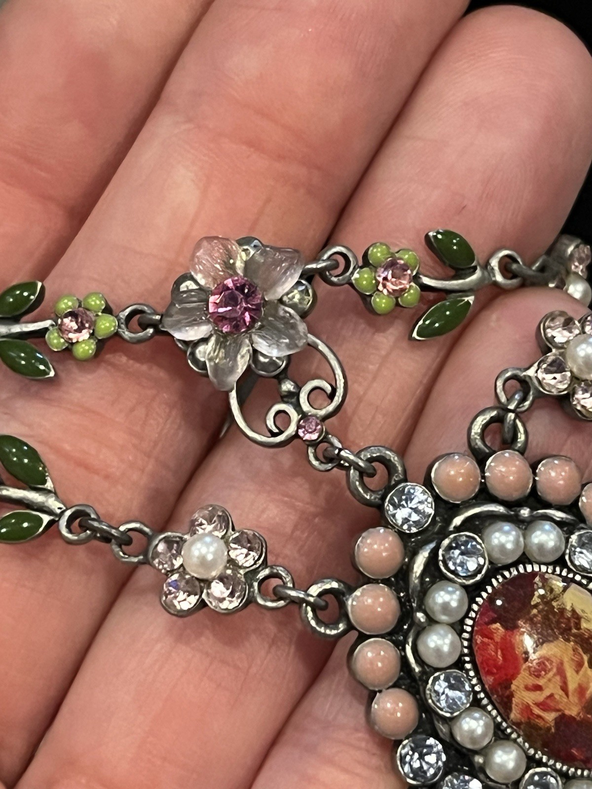 Vintage Avon Nina Ricci Floral Drop Necklace Enamel Flowers Rhinestones