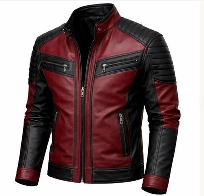 Men's Vintage Red Black Leather Jacket Motorcycle Biker Zip Coat Genuine